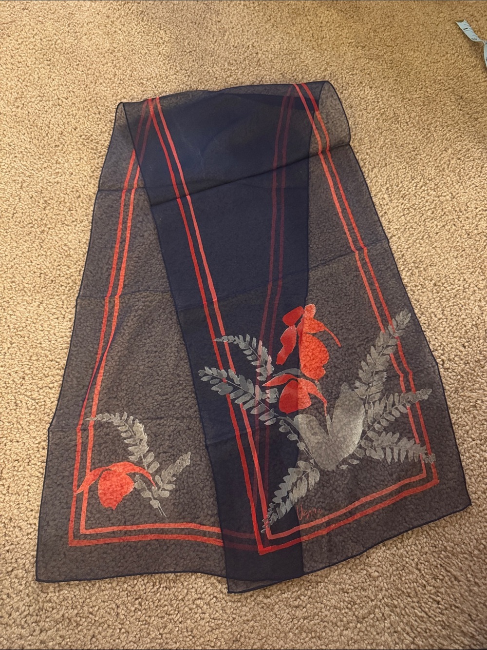Navy Sheer Scarf with Red Floral Motif